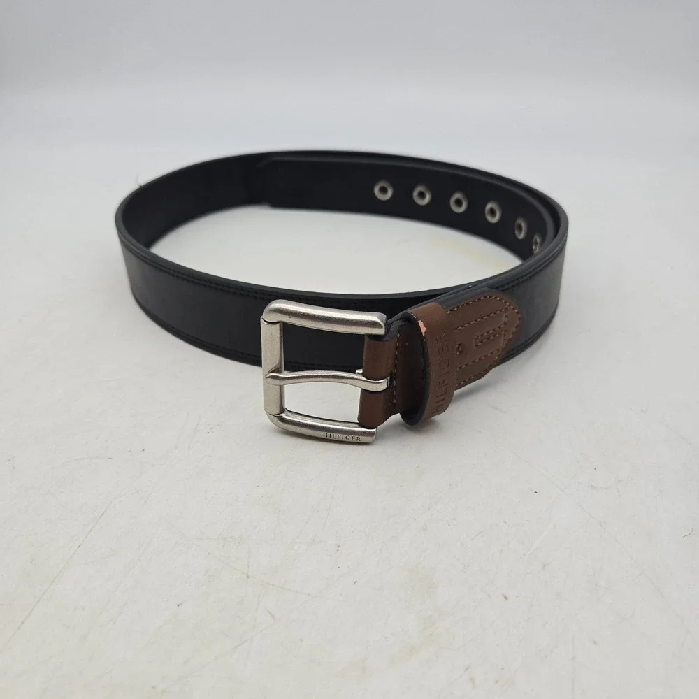 Tommy Hilfiger Belt Black Brown Leather Mens 38 Nickel Buckle NWOT